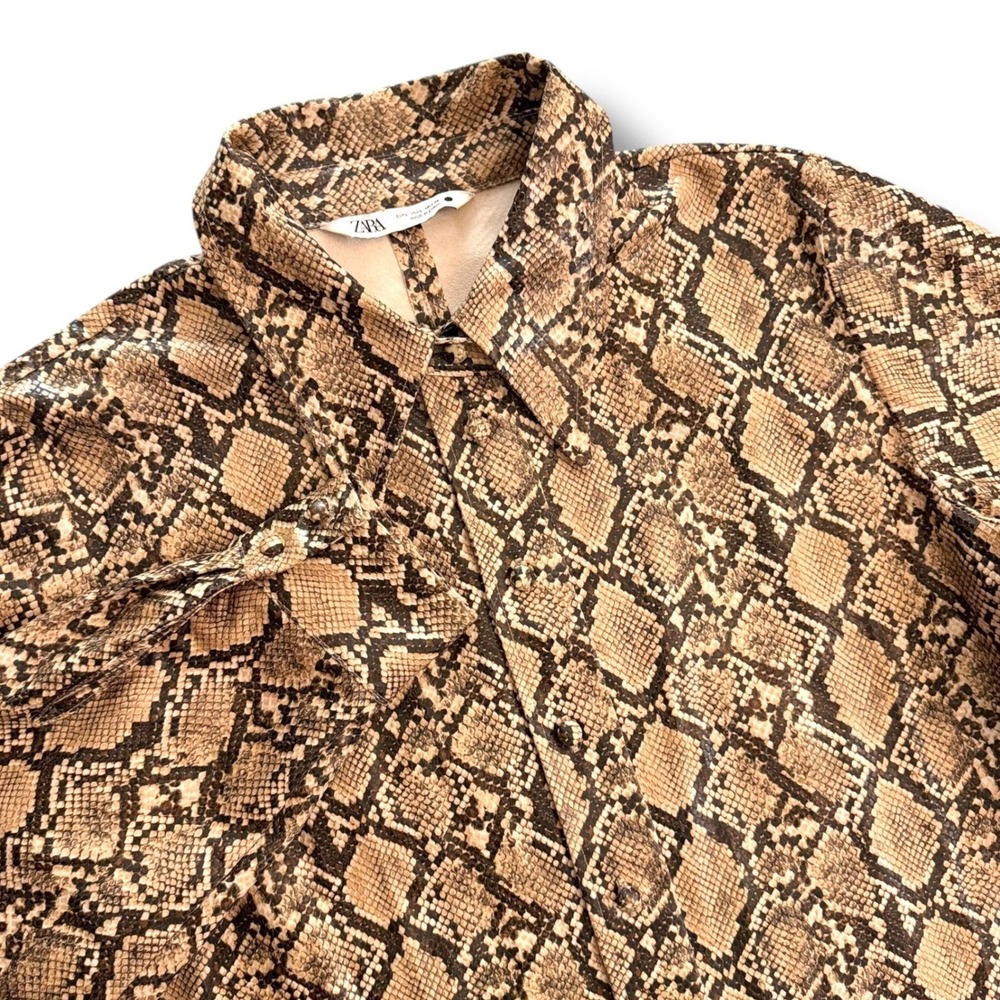 Zara Button Down Shirt Women Large Brown Snakeskin Faux Leather Long Sleeve Edgy